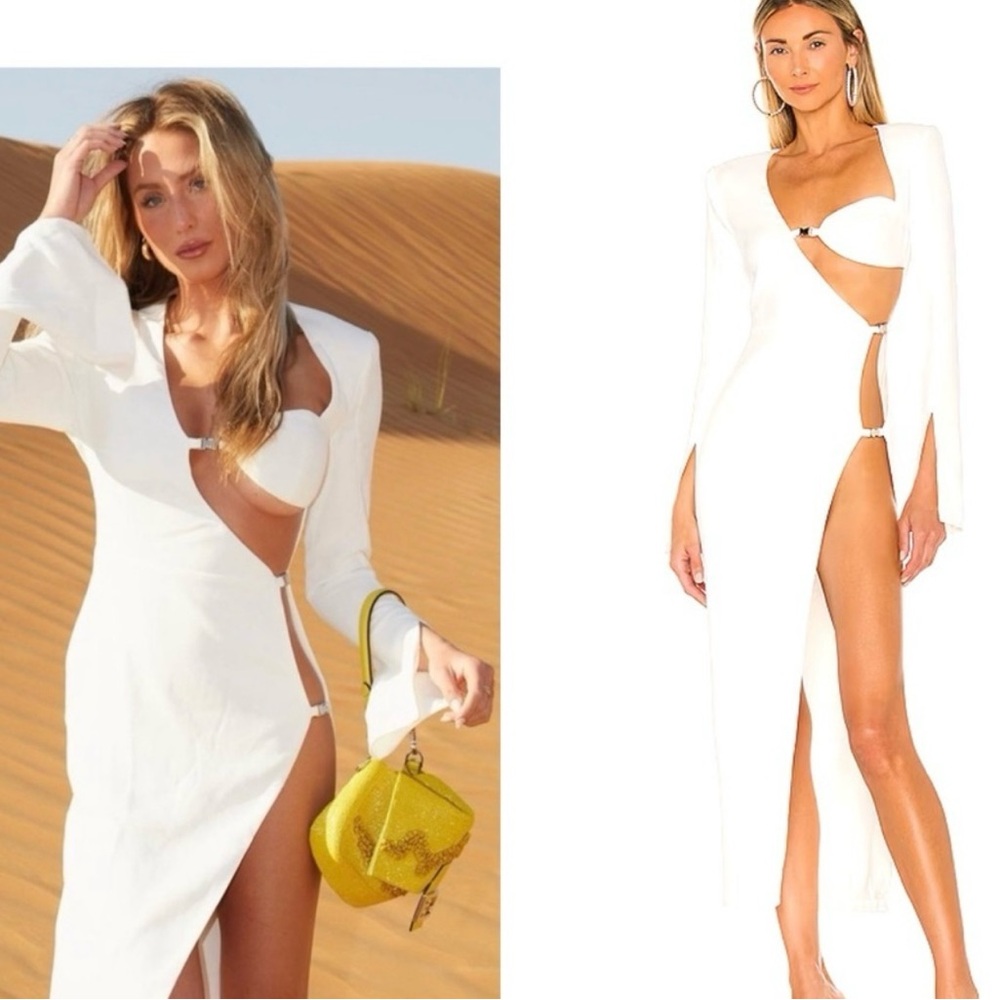 NBD White Bodycon Dress with Plunge Neckline and Slit
